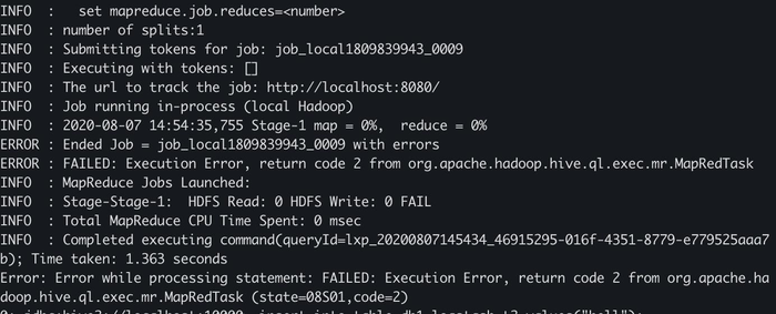 Hive客户端执行insert 可以，beeline 执行报错：org.apache.hadoop.hive.ql.exec.mr.MapRedTask (state=08S01,code=2)