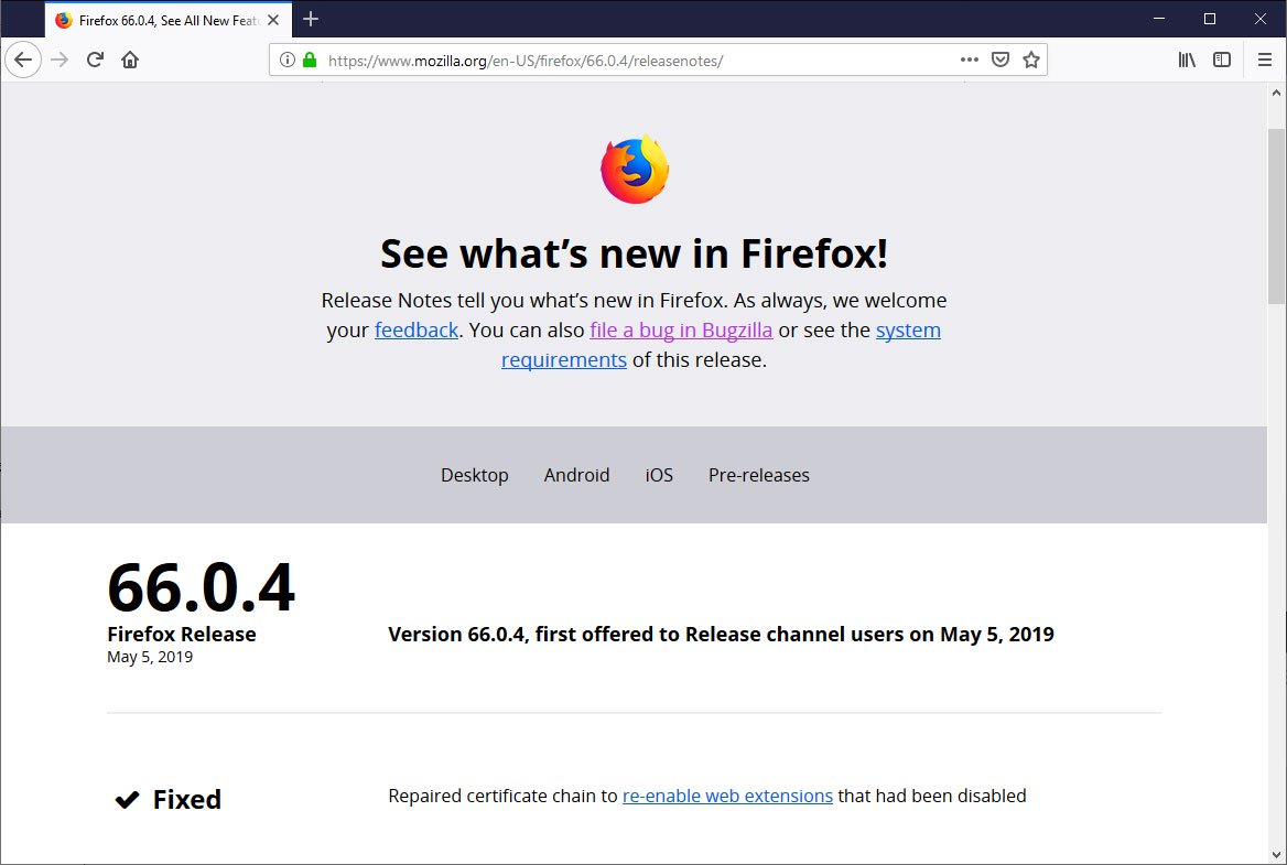 Firefox 66.0.4 发布，修复插件失效问题